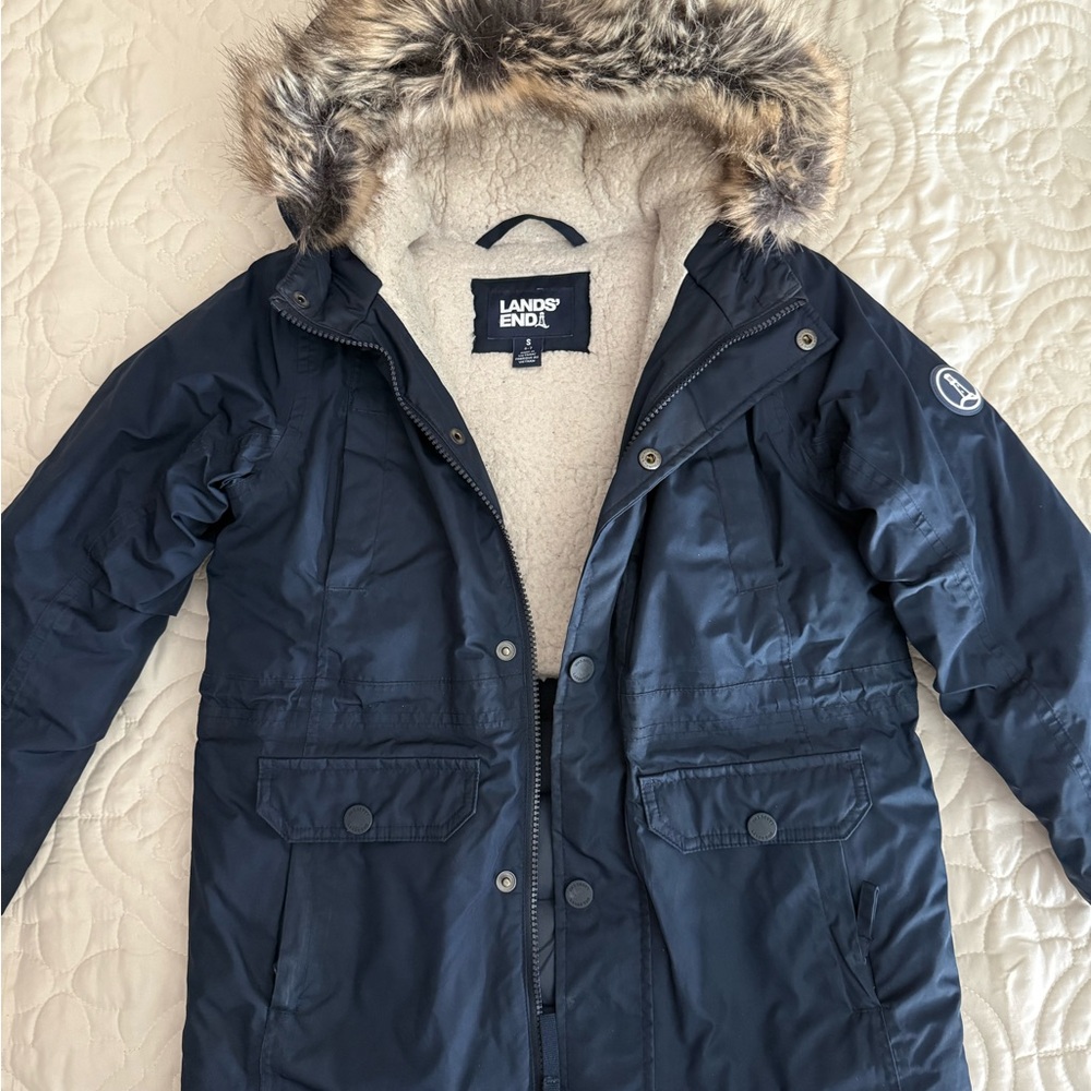 Lands' End Navy Parka with Faux Fur Hood